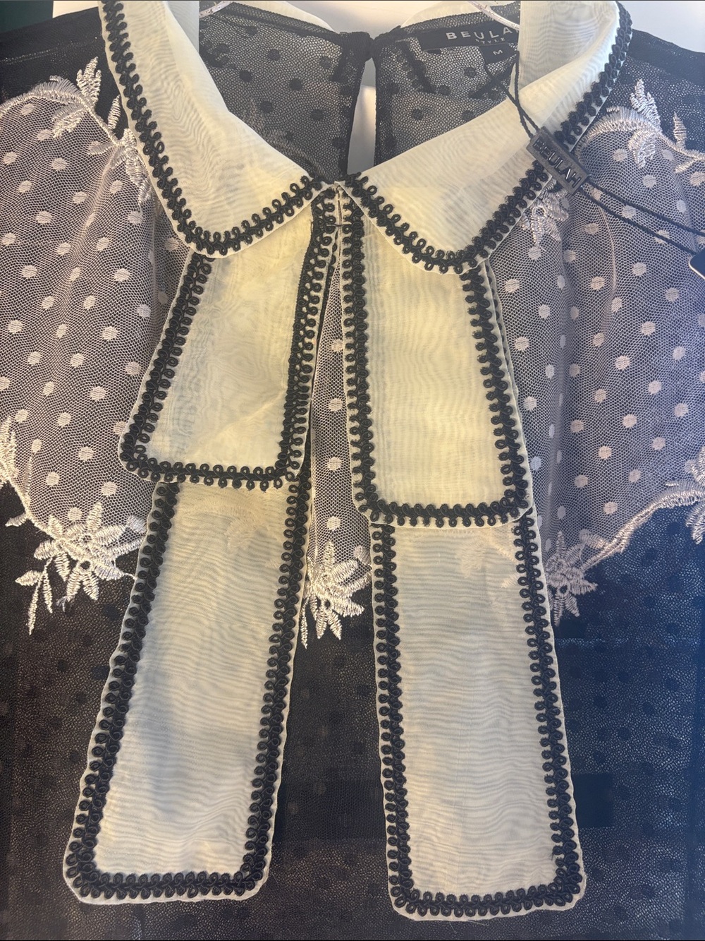 Beulah London Calling NWT Black Cream sheer Embroidered Lace Bow Blouse size M - Picture 3 of 12